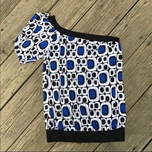 Fang glam one shoulder blouse blue dot mod print